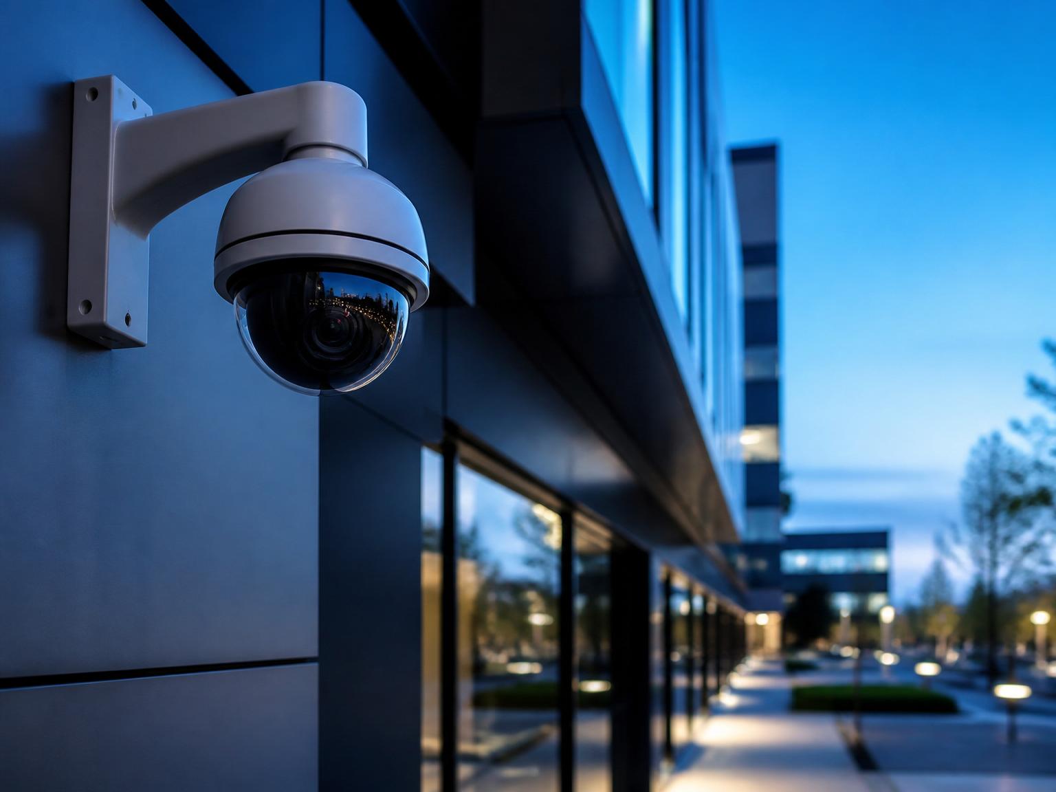 Cámara profesional de videovigilancia instalada en edificio corporativo